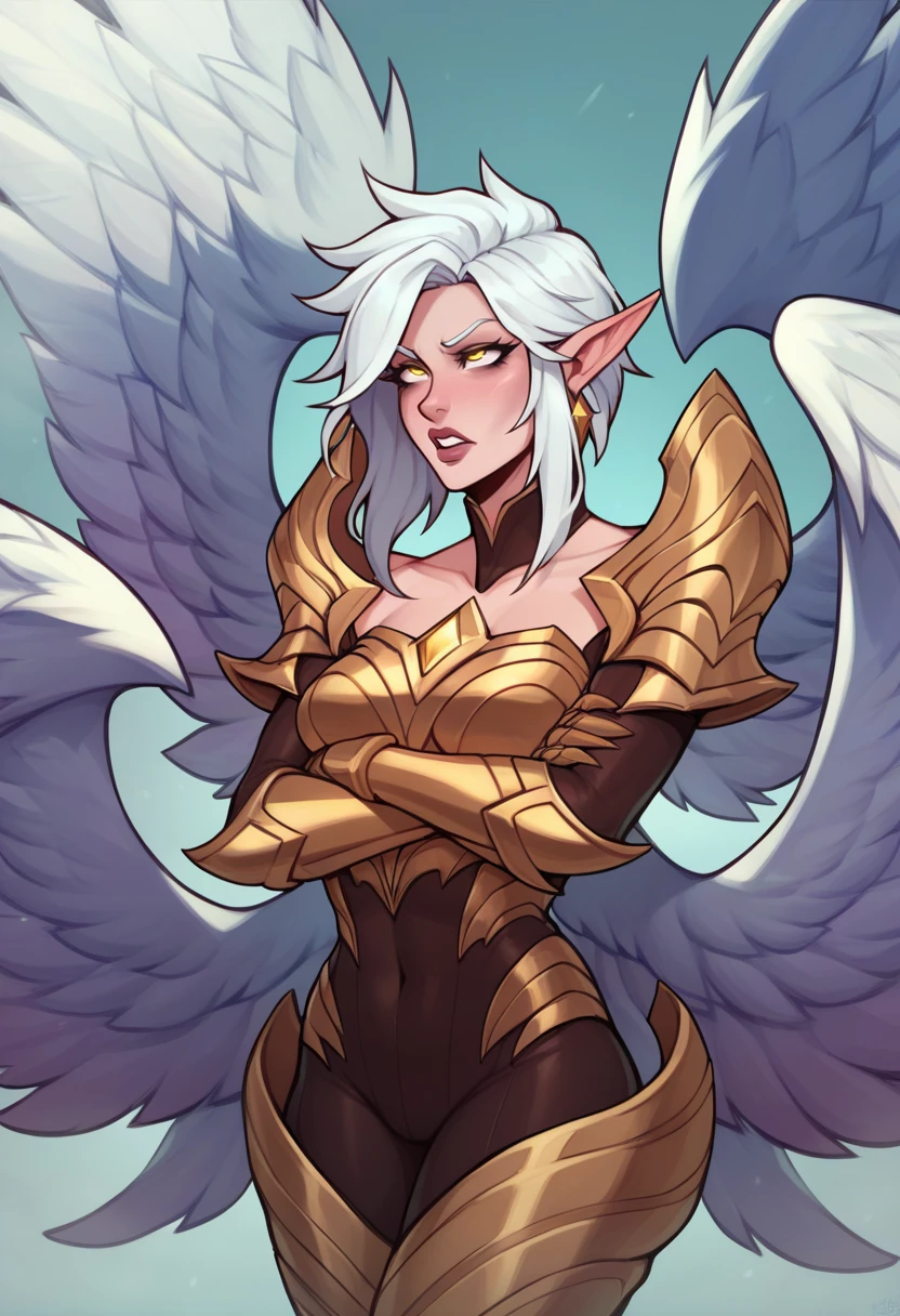 score_9, score_8_up, score_7_up, score_6_up, k4yle, kayle, 1girl, yellow eyes, long hair, pointy ears, white hair, wings, multiple wings, feathered wings, bodysuit, armor, breastplate, shoulder armor, gauntlets, <lora:Kayle_Default_v2:0.7>, crossed arms, mad, rolling eyes