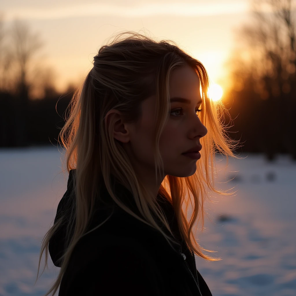 photo of a woman, in the winter outdoors with silhouette illumination of her hair by evening sunlight. Taken with a ProPhoto iPhone camera, rachelcay