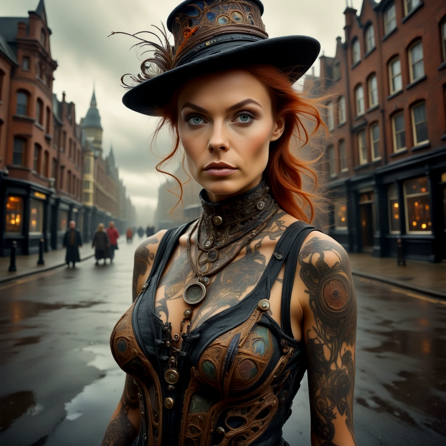 A young tattooed punk woman. Skin covered in tattoos. On a city street.

Atmospheric.

WhimLonCE style