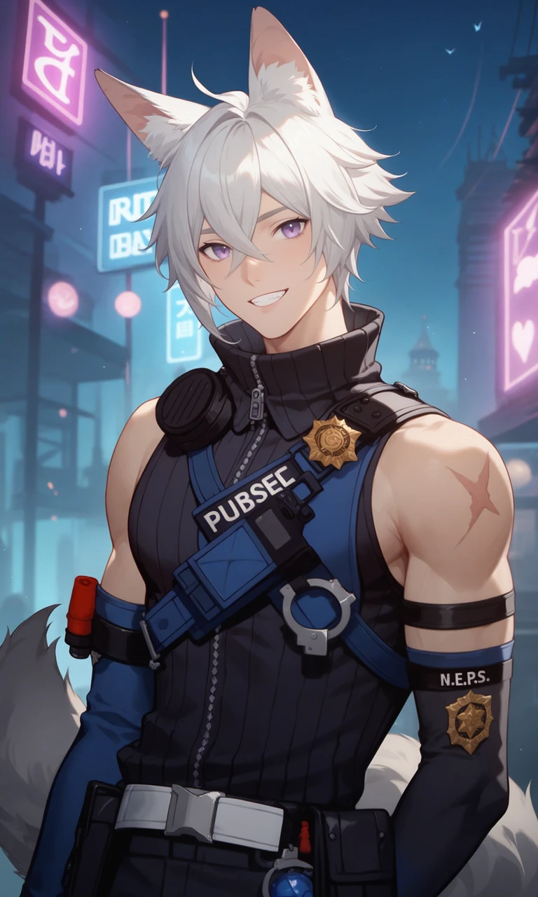 score_9, score_8_up, score_7_up, masterpiece, best quality, lots of details, upper body, ((1boy)), (solo:1.4), male focus, SethLow, slim, white hair, purple eyes, hair between eyes, animal ears, long grey tail, teeth, light smile, blue  jacket, police uniform, shoulder scar, black ribbed sweater, (bare shoulders:1.3), belt, handcuffs,  high collar, long sleeves, shoulder radio, black gloves, elbow gloves, black pants, short sleeves, closed pose, looking at viewer, standing, shaded, detailed shading, detailed skin, shaded skin, realistic shading, Expressiveh, countershading:1.1, night city, neon lights, outdoors, <lora:add-detail-xl:0.7>, <lora:Smooth Anime 2 Style SDXL_LoRA_Pony Diffusion V6 XL:0.8>, <lora:Expressive_H:0.8>, <lora:SethLow_XL_V10_OPT:1>