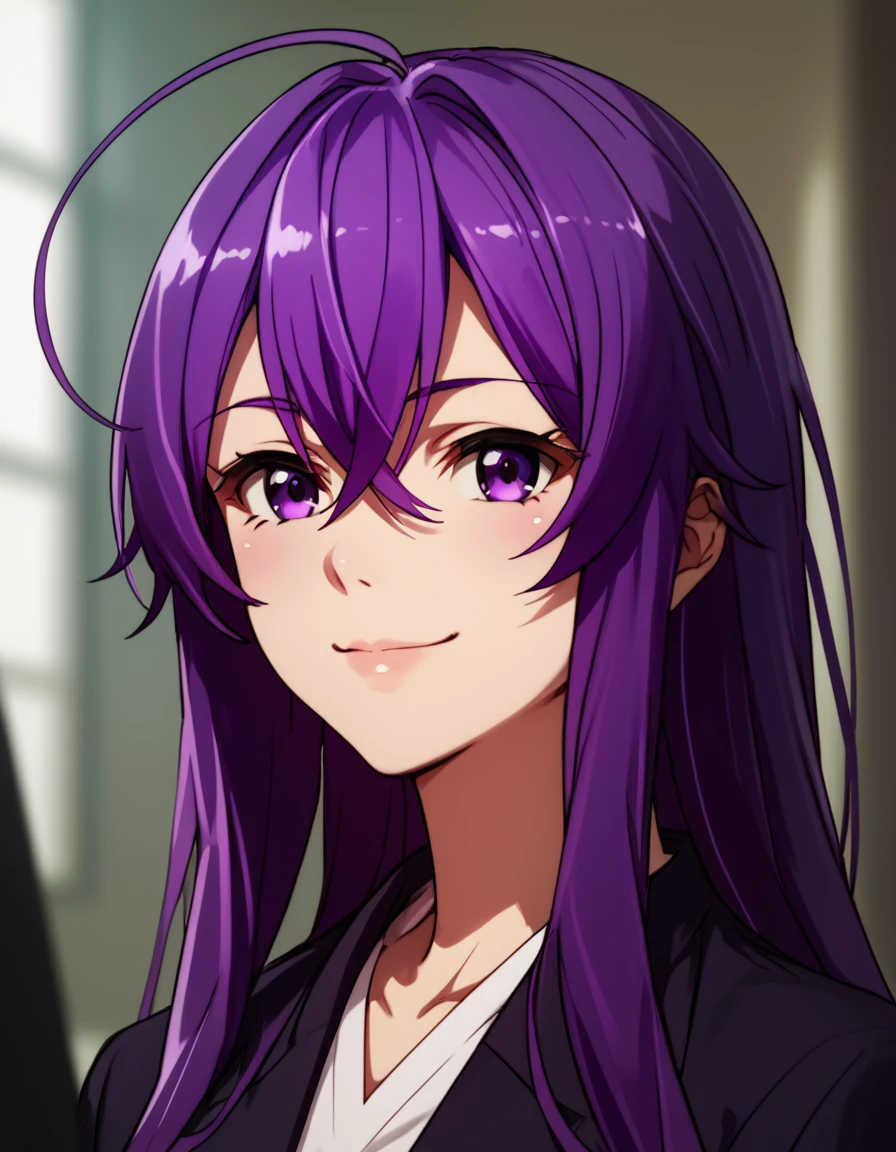 score_9, score_8_up, score_7_up, score_6_up, score_5_up, score_4_up, source_anime  <lora:FruitofEvolution:1>, soft smile, portrait,   Karen, very long hair, purple eyes, ahoge, purple hair,