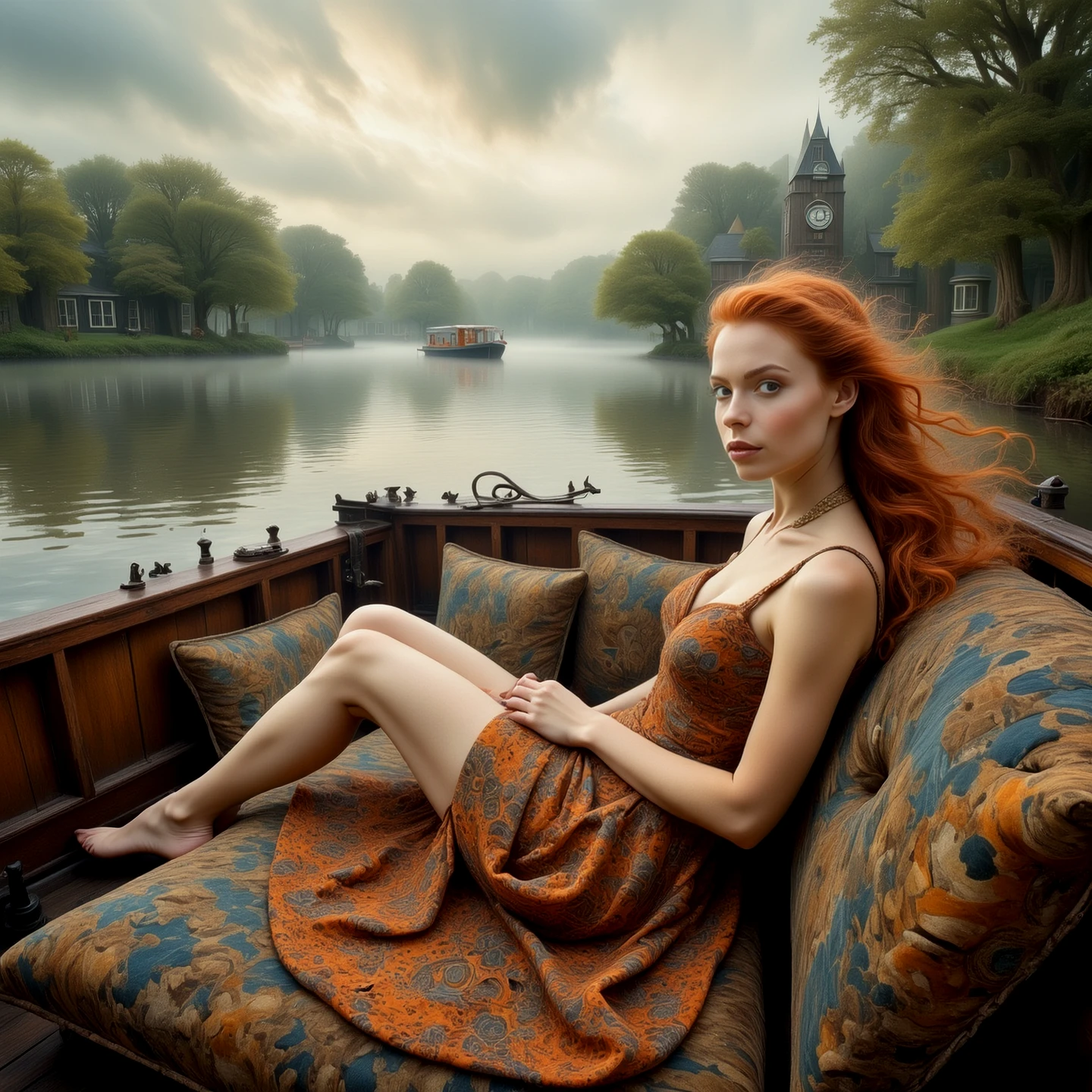 A beautiful young redhead woman, wearing a summer frock, reclining on the deck of a boat on a serene London lake. Cushions.

Atmospheric. 

WhimLonCE style