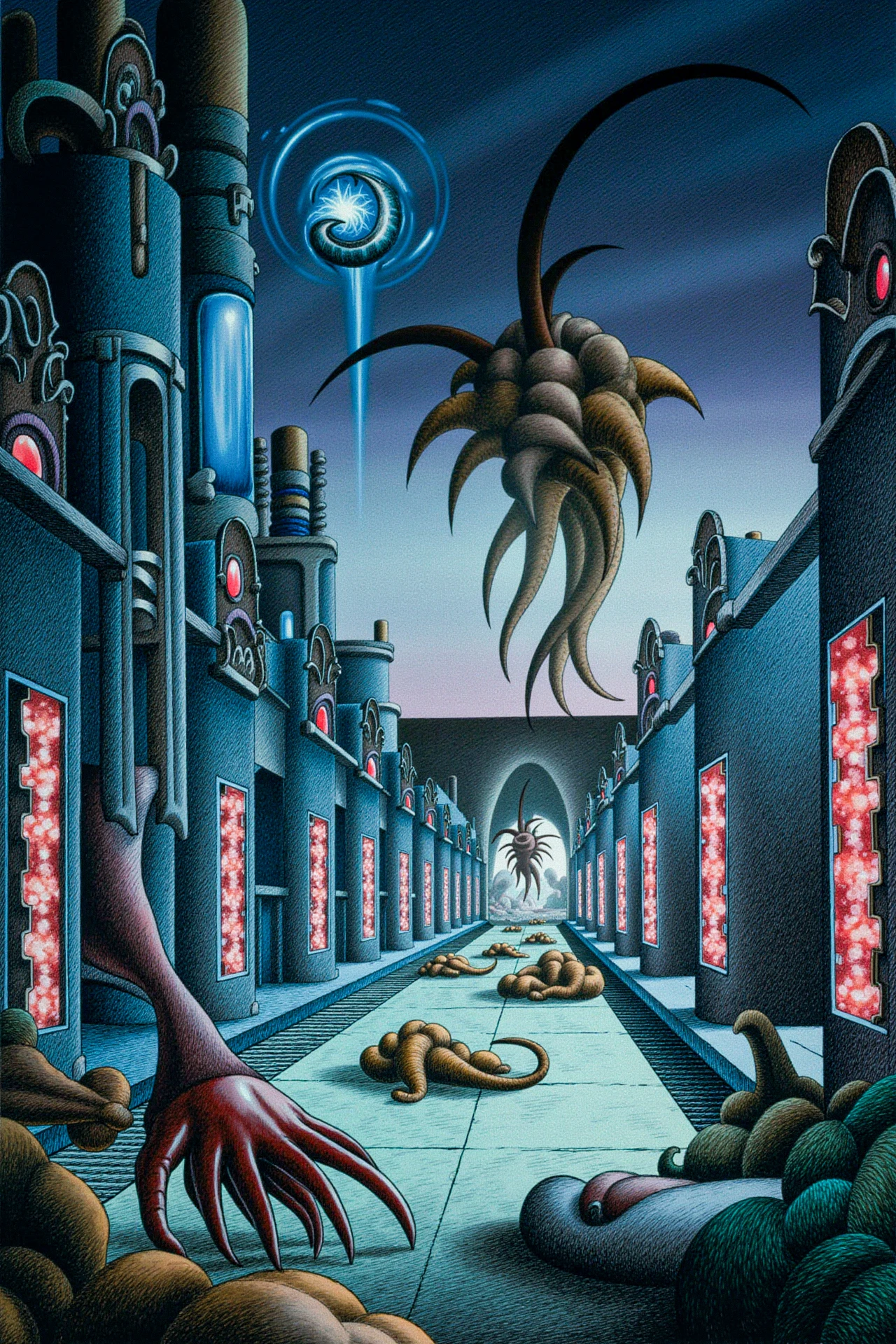 "A futuristic city under siege by a massive, tentacled creature emerging from the depths of the ocean. The cityâs defenses, a combination of advanced technology and ancient magic, are struggling to hold back the monster. The scene is chaotic, with explosions, flying debris, and beams of light cutting through the dark, stormy sky. The architecture of the city is a blend of Art Deco and alien designs, with towering spires and intricate patterns." <lora:fantastic_planet_v1:1>