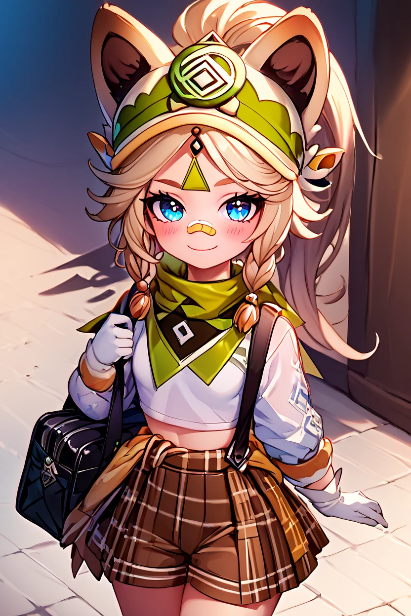 score_9, score_8_up, score_8, medium breasts, (curvy), cute, eyelashes,       BREAK, , <lora:Kachina_Genshin_PDXL:0.8>,  zzKachina, animal ears, blue eyes, long hair, side braids, high ponytail,  brown hair, bandaid on nose, green bandana, bandana around neck, clothes around waist, crop top, fur-trimmed gloves, white mittens, brown shorts,, , BREAK, closed mouth, alternate costume, smile, looking at viewer, collared shirt, blush, sweater, black skirt, eyelashes, long sleeves, sleeves past wrists, plaid skirt, shoulder bag, black bag, blurry, tile floor, pleated skirt, white shirt, cowboy shot,  embedding:zPDXL, Expressiveh,  <lora:Vivid:0.7>,  <lora:LFashionPDXL:1>,  <lora:Uncensored_PonyXL_cpt_v02.09:0.4>,  <lora:Expressive_H-000001:0.4>,