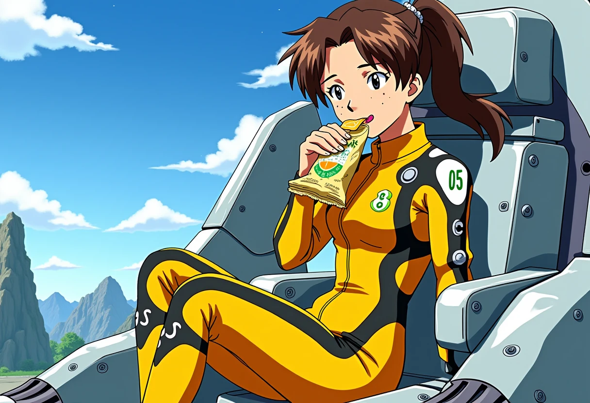 A detailed portrait of horaki hikari. She has dark brown hair.
Anime style, sharp, high contrast and highly detailed. Ghibli anime style. Perfect anatomy. Perfect body ratio. No oversized head. No blurry, out of focus pictures. No simple background, no single color background.
 She wears a yellow EVA plugsuit, a form-fitting yellow and black bodysuit with white and green accents. The suit has a futuristic, sleek design, featuring detailed paneling and numbered "05" markings.   She sits in a futuristic cockpit of an EVA robot, one leg over another. She is eating a bag of chips. She looks happy and a little embarrassed.
<lora:Hikari Horaki - Flux Prototype_epoch_2:1>