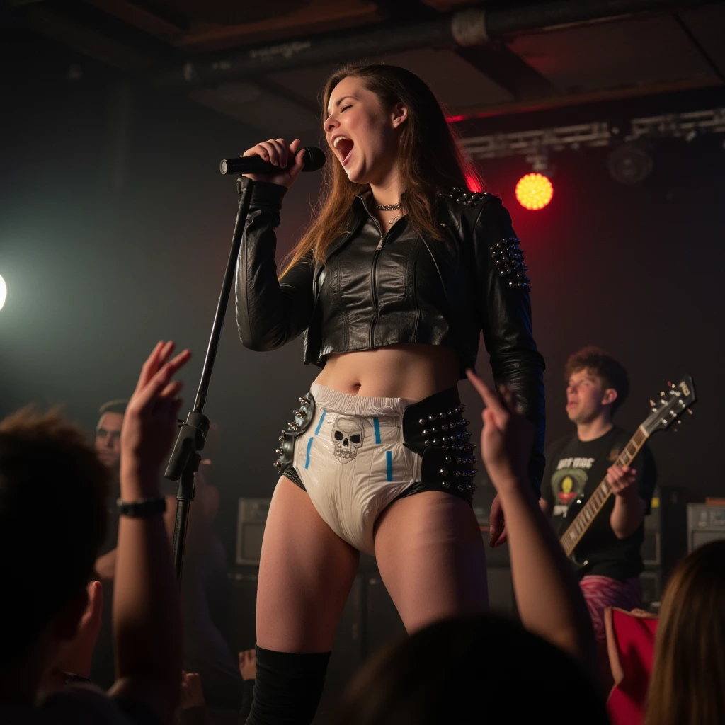 naked at the dance club, knee high fur covered boots, punk hair
