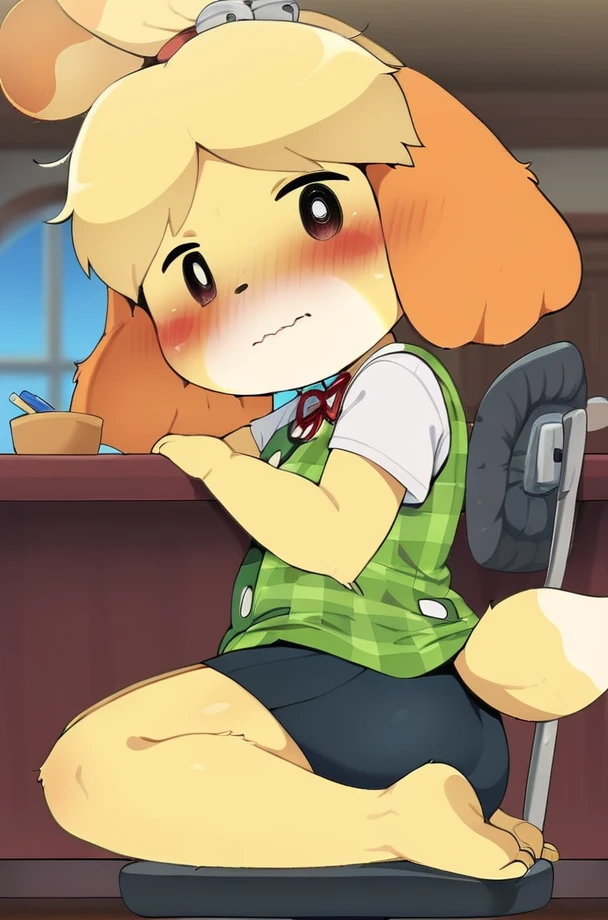 solo, 1girl, female, isabelle, @ @, wavy mouth, blush, BREAK green vest, plaid vest, white shirt, miniskirt, pencil skirt, short sleeves, barefoot, BREAK colorful,  dutch angle, BREAK ((ultra-detailed)), ((best quality)), ((best quality)), ((beautiful eyes)), ((extremely detailed)), 4K, (8K), best quality, (beautiful), Master piece, highres, score_9, score_8_up, score_7_up, score_6_up, score_5_up, score_4_up, colorful, best quality, official art, highres, masterpiece, nai3, god light, detailed background, high quality background, <lora:Isabelle_Dagasi_Style:1>