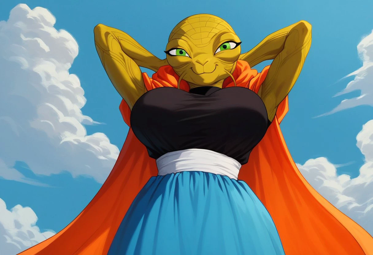 score_9, score_8_up, score_7_up, 1girl, solo, (style of akira toriyama), Expressiveh, (BabidiDBZ, alien, green eyes, dark yellow body, dark yellow skin, orange cape, blue gown, black chest piece, closed mouth, smile, hands behind head, big breasts), cowboy shot, hands behind back, low-angle view, looking at viewer, sky, clouds, simple background, 4k, masterpiece, best quality, highly detailed, realistic