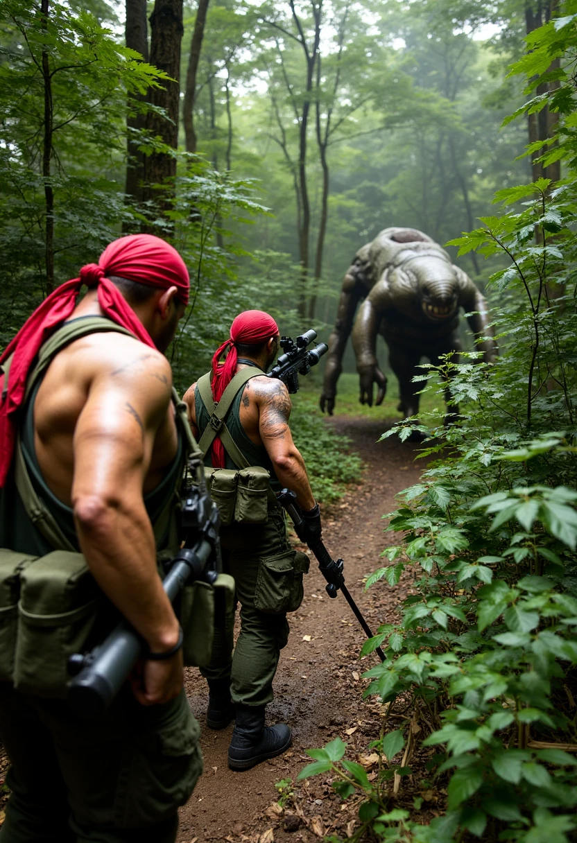 Moving silently through the underbrush, a small group of Catachans wearing red bandanas stalks an alien creature prowling ahead. A male Catachan, his muscles rippling as he grips his lasgun, leads the team, his bare chest smeared with mud for camouflage. A female sniper, her body low to the ground, sets up her rifle, her eyes locked on the target through the scope. The alien creature, massive and insectoid, hisses as it moves among the trees, unaware of the Catachans closing in for the kill. Photorealism & Style: Close-up shot of the sniper through her scope, focusing on the alien target. The camera emphasizes the tension and precision of the Catachans’ movements. Dappled jungle light creates a contrast between shadow and sun, with the alien creature’s form half-concealed in the foliage.