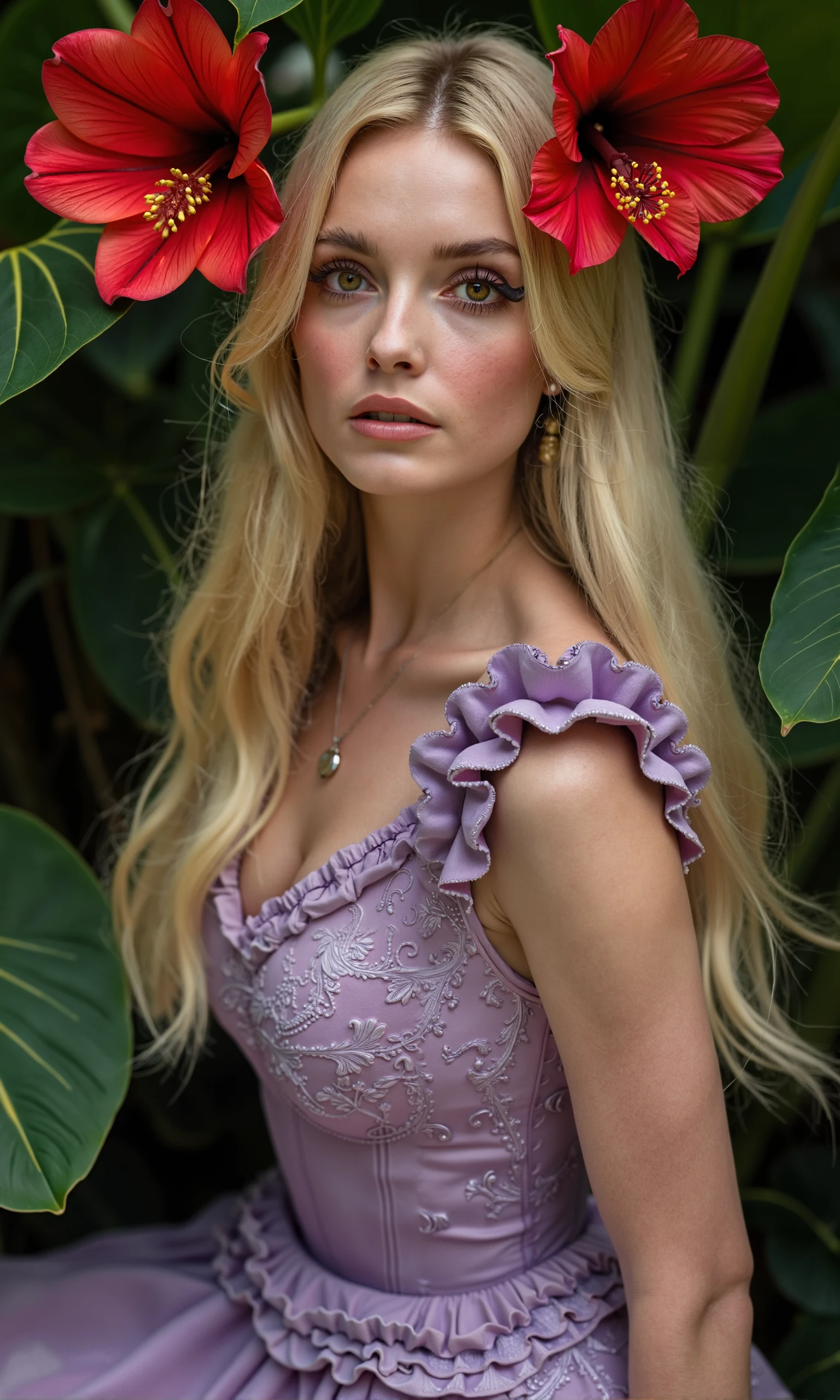  high-fashion magazine cover featuring Sharon Tate surrounded by lush tropical plants with bold, red flowers framing her face. Sharon’s signature long blonde hair cascades over her shoulders, contrasting with the vibrant greenery. She wears a structured, ornate lavender dress with intricate patterns, including ruffled details around the collar, giving the image a regal and artistic feel. Her posture is poised and elegant, with her head slightly tilted, creating an air of mystery and allure.

Sharon’s facial expression is serene yet commanding, with her gaze directed confidently at the camera. Her eyes are accentuated with dramatic, winged eyeliner, adding a touch of boldness to her soft, natural beauty. The lighting is soft and focused, creating a subtle glow on her face and highlighting her flawless features. The mood of the image is luxurious, sophisticated, and slightly exotic, blending classic beauty with high-fashion editorial sensibility, set against the rich textures of tropical plants