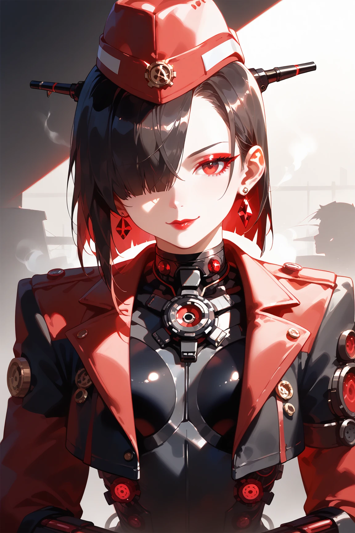 score_9,score_8_up,score_7_up,1girl, looking at viewer, pose, upper body, sitting, seductive smile, red eyeshadow, hair over one eye, red lips, closed mouth, mechanical bodysuit, halterneck, cropped jacket, mechanical gloves, mechanical parts, garrison cap, earrings, office, steampunk, artistic filter, grazing style, (monochrome:1.2), low tone, future, hydraulic cylinder, gears, (steam:1.2), luster, ruby, red light, (shadow, dark theme:1.4),