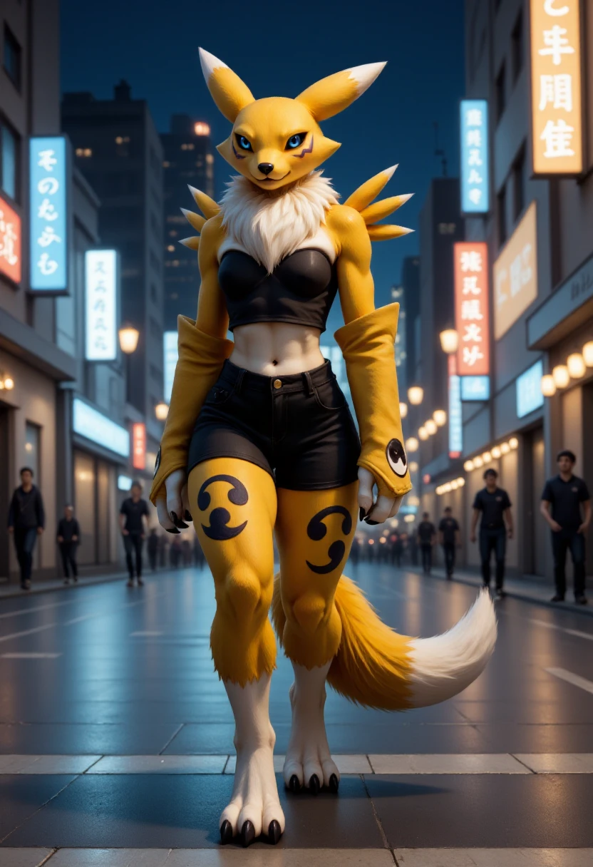 renamon, digimon girl with yellow fur, wearing a black crop top and a short skirt, walking in the city at night.  