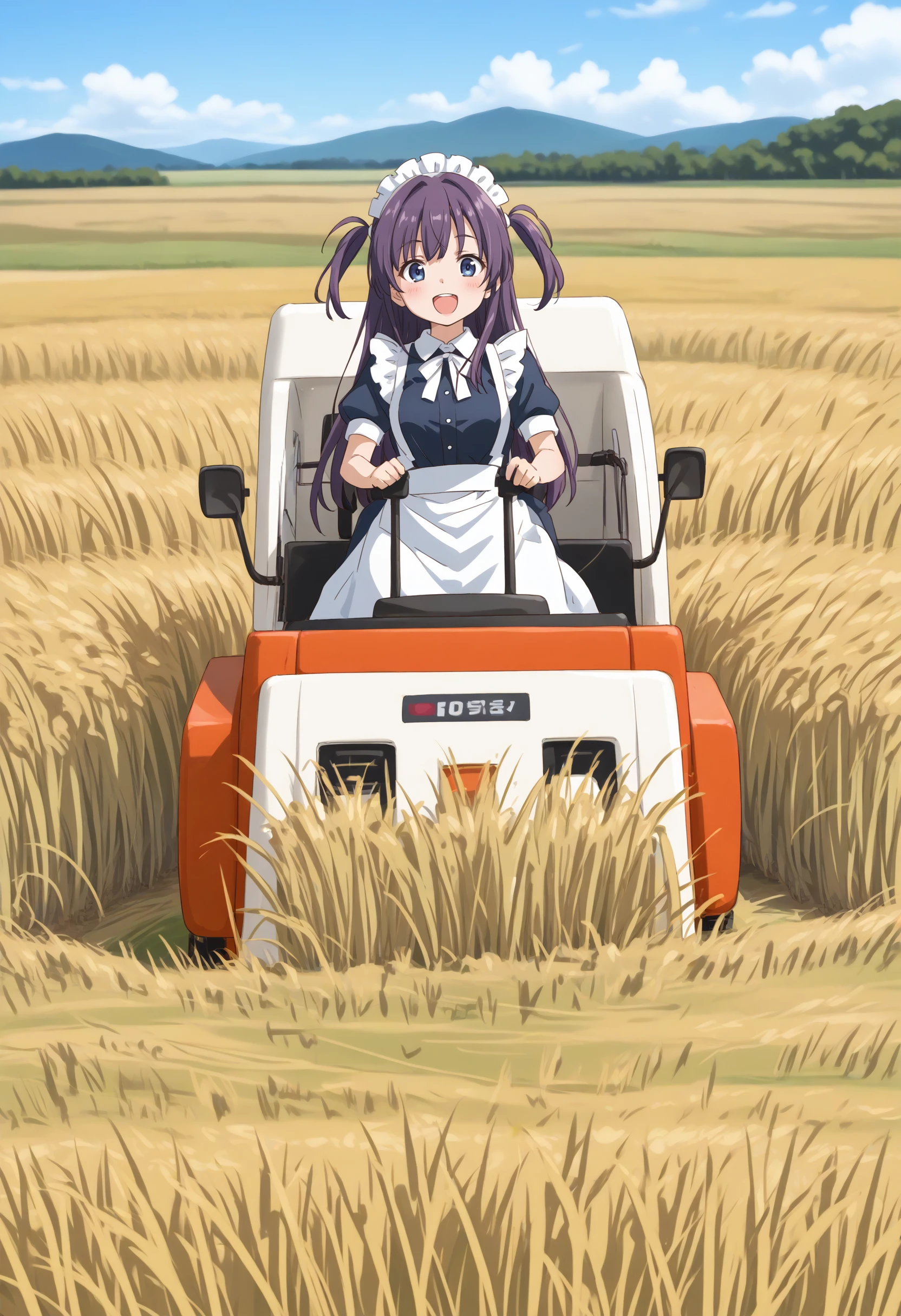 (masterpiece:0.7), (best quality:1.1),
(by sincos:0.5),(by ningen mame:0.5),(by toosaka asagi:0.5),
1girl,solo,medium breasts, maid, maid headdress,
combine harvester,ground vehicle,motor vehicle,grass,outdoors,day,sky,driving,sitting,field,short sleeves, skirt, wheat,wheat field,  <lora:combineharvester_XL_v2:0.7>
ceiling, panorama shot, looking at viewer, purple hair, blue eyes,happy, open mouth, two side up hair,,