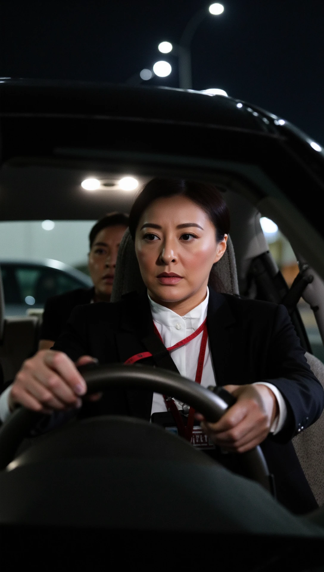 A tense night scene of a Hong Kong ICAC investigator driving through a dimly lit urban area, protecting a key witness in the back seat. 

The investigator, gripping the steering wheel, is alert and scanning the surroundings for potential threats. 

In the rearview mirror, headlights from an ominous car pursuing them can be seen. 

The investigator is dressed in casual protective gear, with a handgun holstered at their side, ready for action. 

The witness is an old man wearing t-shirt in the backseat looks anxious.

The investigator is an old woman with huge breast in a black suit and white shirt.

She has a red lanyard around her neck with a name tag attached to it.