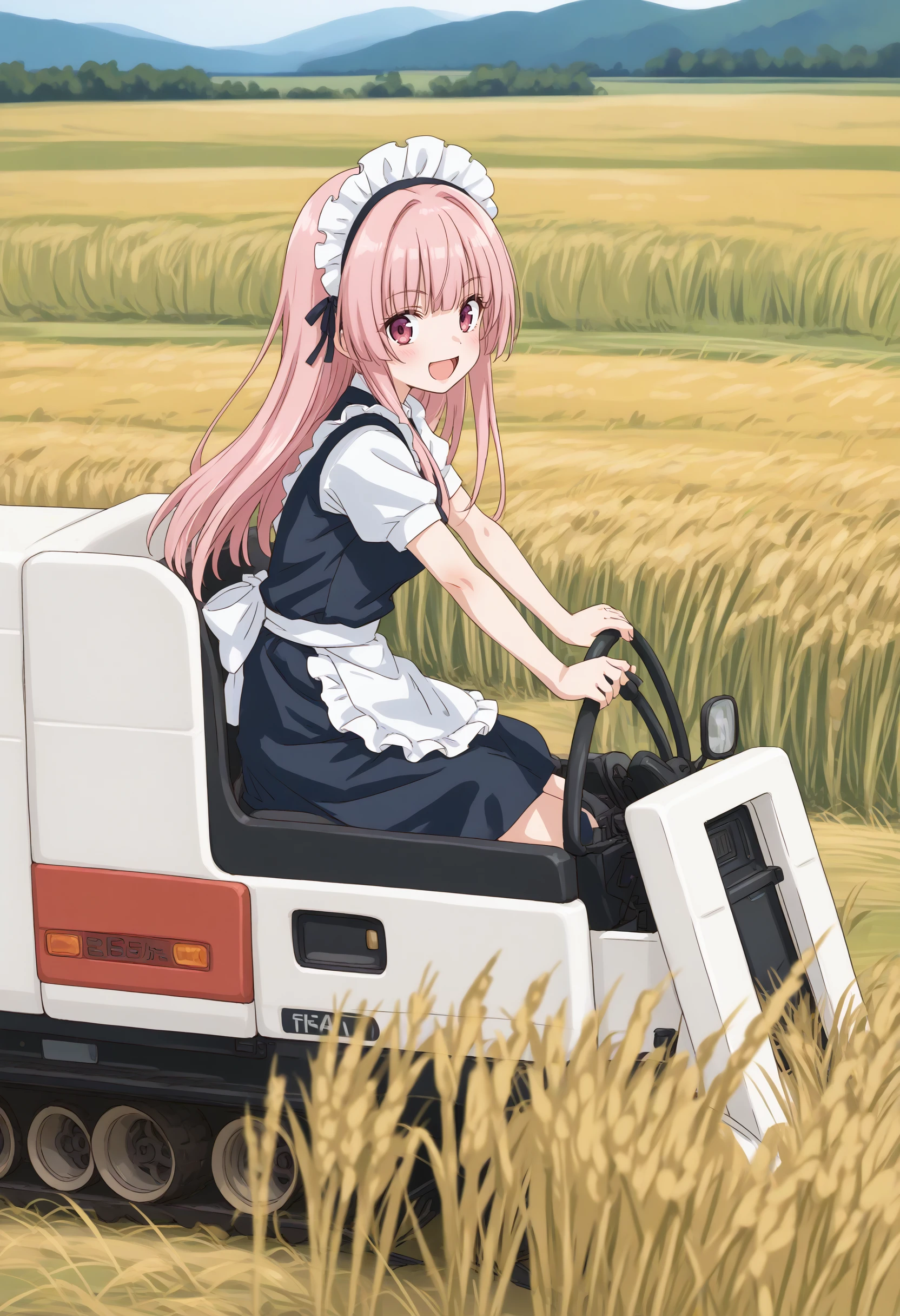 (masterpiece:0.7), (best quality:1.1),
(by sincos:0.5),(by ningen mame:0.5),(by toosaka asagi:0.5),
1girl,solo,medium breasts, maid, maid headdress,
combine harvester,ground vehicle,motor vehicle,grass,outdoors,day,sky,driving,sitting,field,short sleeves, skirt, wheat,wheat field,  <lora:combineharvester_XL_v2:0.7>
from side, cowboy shot, looking back, pink hair, pink eyes,crazy smile, open mouth, hime cut hair,,