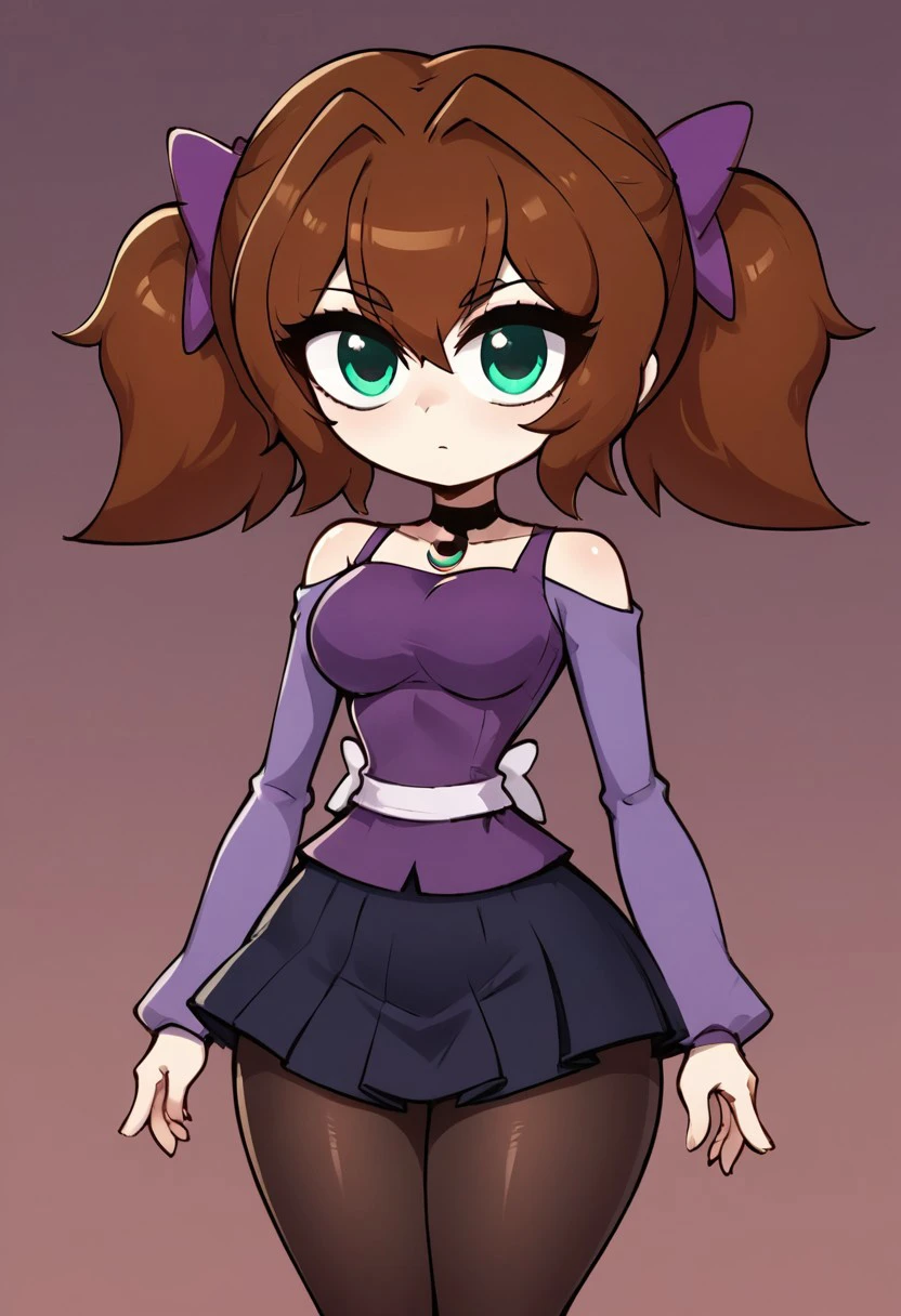 score_9, score_8_up, score_7_up, masterpiece, best quality, room, hotel, (very beautiful eyes, big thighs, thin waist, medium breasts), 1girl, LunaM, Brown hair, green eyes, twintails, Purple blouse, skirt, pantyhose, sexy pose, chibi, Serious expression