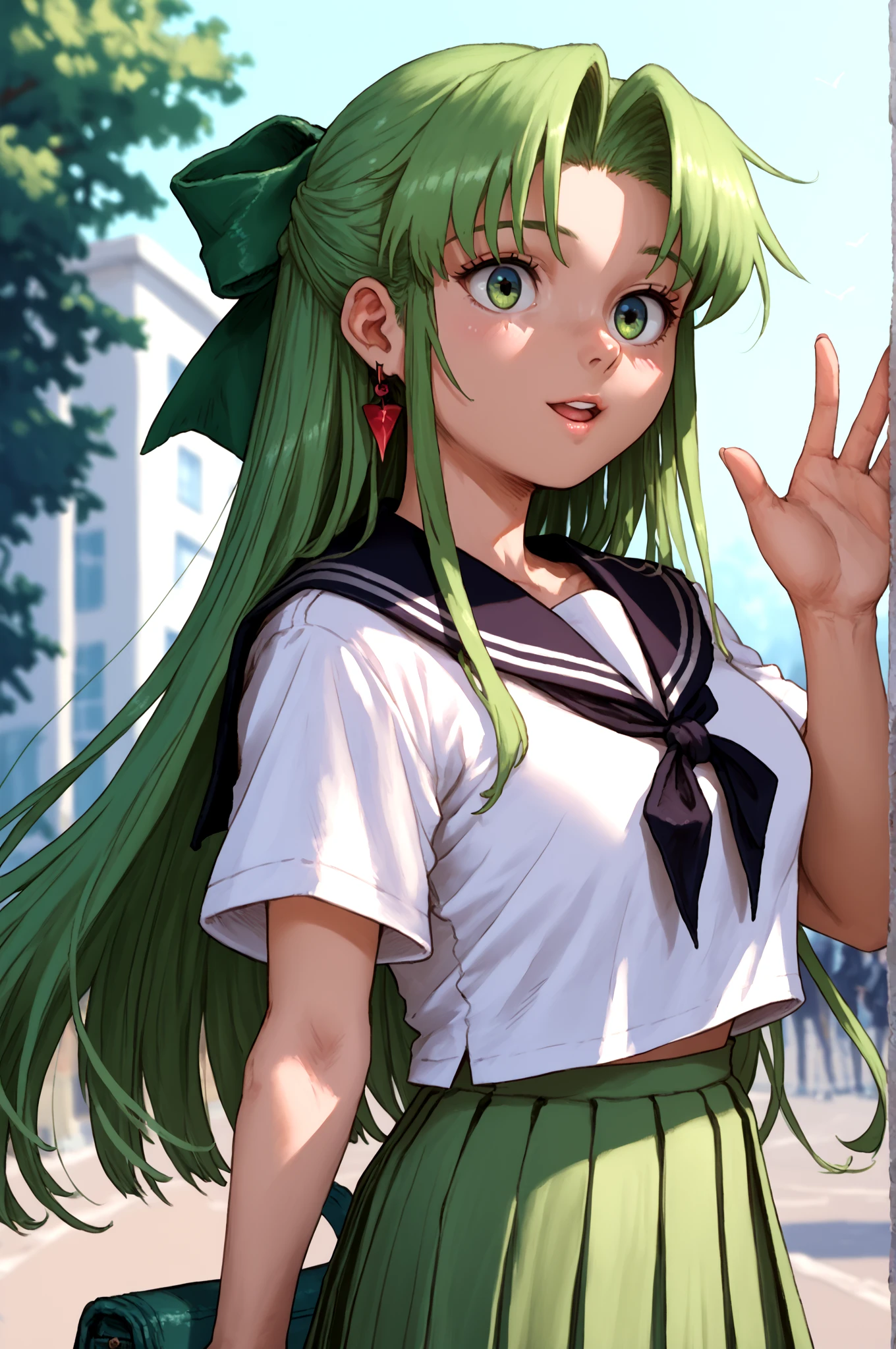 score_9, score_8_up, score_7_up, score_6_up, score_5_up, score_4_up, (high quality, detailed, beautiful)  <lora:Fia-7:0.8> Fia_(riviera), very_long_hair, waving,  school_uniform, pleated_skirt, black_serafuku,