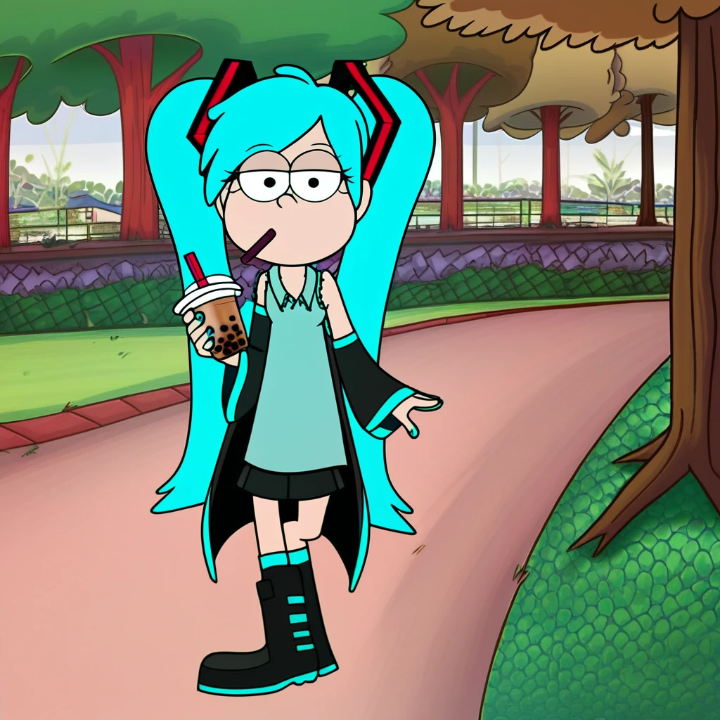 gravity-falls, 1girl, solo, blue hair, holding, bubble tea, park, hatsune miku,