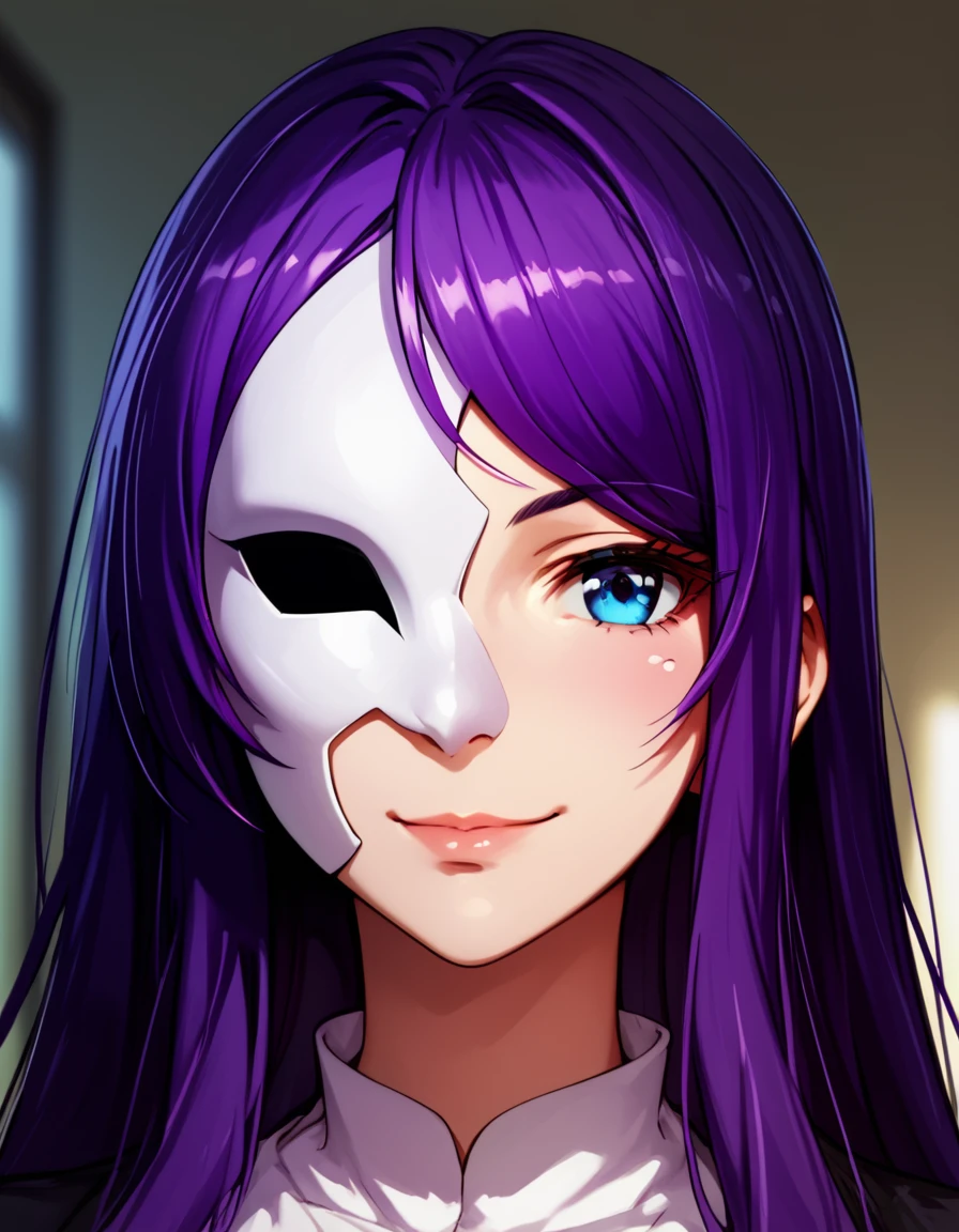 score_9, score_8_up, score_7_up, score_6_up, score_5_up, score_4_up, source_anime  <lora:FruitofEvolution:1>, soft smile, portrait,   Angrea, long hair, blue eyes, purple hair, mask,