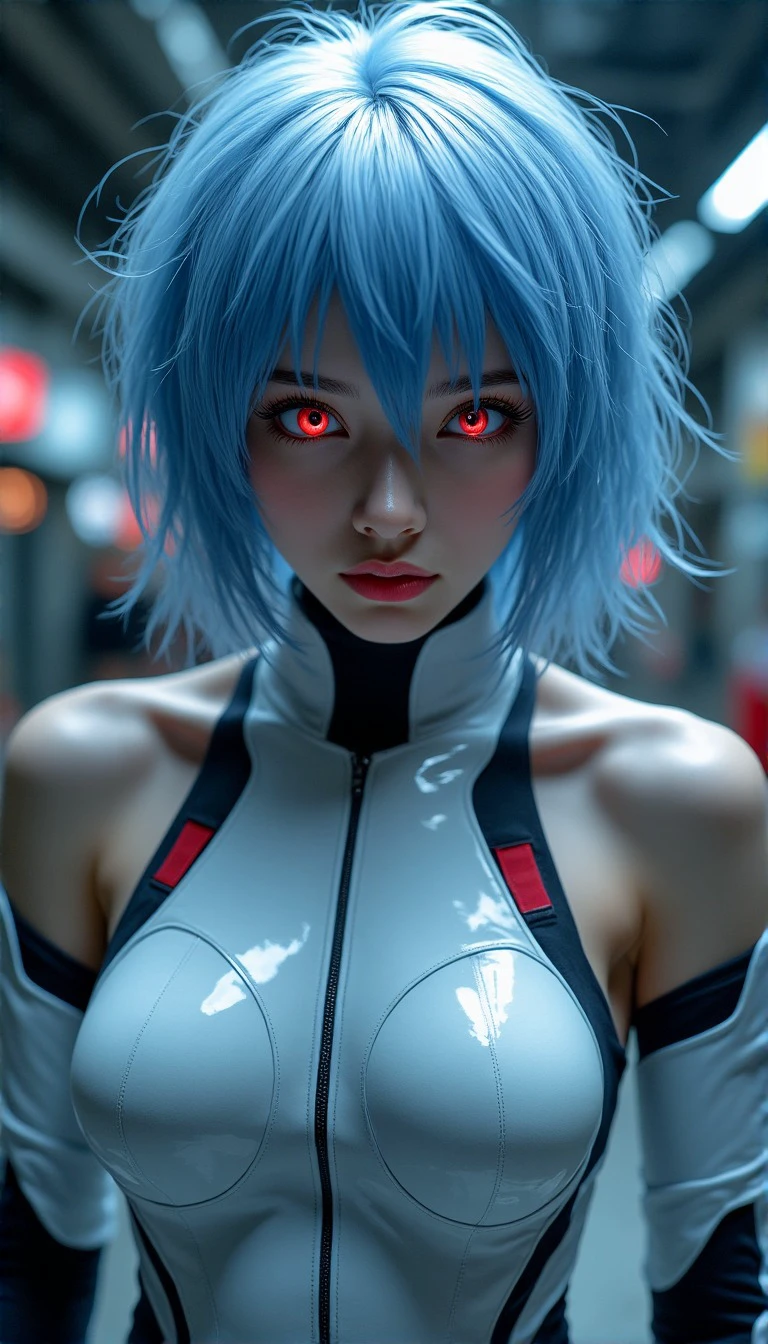 photorealistic, Rei Ayanami, Neon Genesis Evangelion, young woman, pale skin, large red eyes, short messy light blue hair, calm expression, enigmatic, white plugsuit, black and red accents, partially unzipped, collarbone visible, dramatic lighting, sci-fi atmosphere, cool blue tones, stark shadows, high-tech background, anime aesthetics, fashion photography, high resolution, detailed