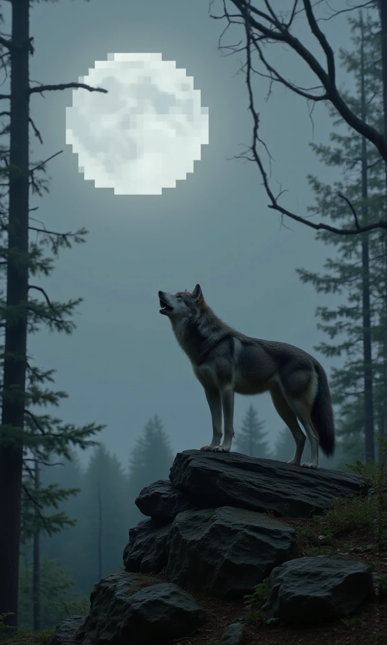 A magnificent wolf standing on a rugged rock outcropping, its fur fluffed up as it lets out a haunting howl, bathed in the soft, silver glow of a full censored moon hanging low in the sky, surrounded by a dense, misty forest with branches reaching out like skeletal fingers.