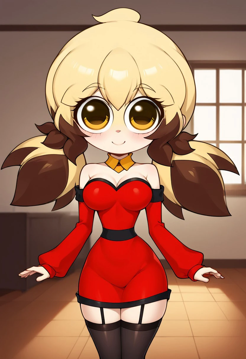 score_9, score_8_up, score_7_up, masterpiece, best quality, room, hotel, (very beautiful eyes, big thighs, thin waist, medium breasts), 1girl, PudinM, Blonde and brown hair, yellow eyes, twintails,, Red dress, long stockings, sleeves,, sexy pose, Smile, chibi, Half body