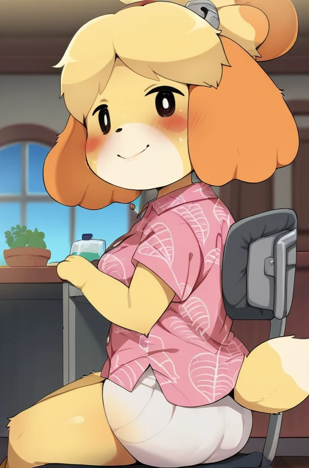 solo, 1girl, female, isabelle, smile, BREAK hawaiian shirt, pink shirt, short sleeves, white skirt, leaf print, BREAK indoors, sitting, colorful, looking at viewer, portrait, BREAK ((ultra-detailed)), ((best quality)), ((best quality)), ((beautiful eyes)), ((extremely detailed)), 4K, (8K), best quality, (beautiful), Master piece, highres, score_9, score_8_up, score_7_up, score_6_up, score_5_up, score_4_up, colorful, best quality, official art, highres, masterpiece, nai3, god light, detailed background, high quality background, <lora:Isabelle_Dagasi_Style:1>