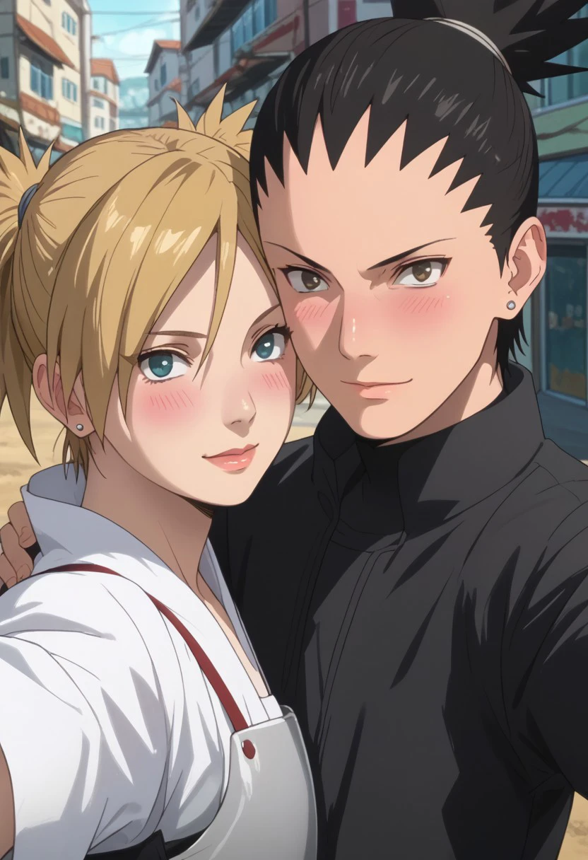 score_9, score_8_up, score_7_up, source_anime, rating_safe, ShikamaruNS, black_Shikamaru_hair, greyish yellow_Shikamaru_hair tie, black_Shikamaru_eyes, grey_Shikamaru_stud earrings, TemariNS, couple focus, 1boy, 1girl, anime screencap, looking at viewer, wide smile, blush lines, selfie, cute-sweet wallpaper, from above,