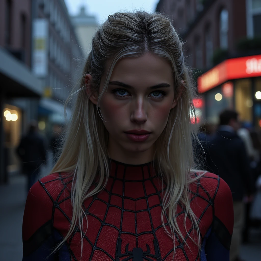 woman, light makeup, from below view, spiderman suit, looking at viewer, rachelkay