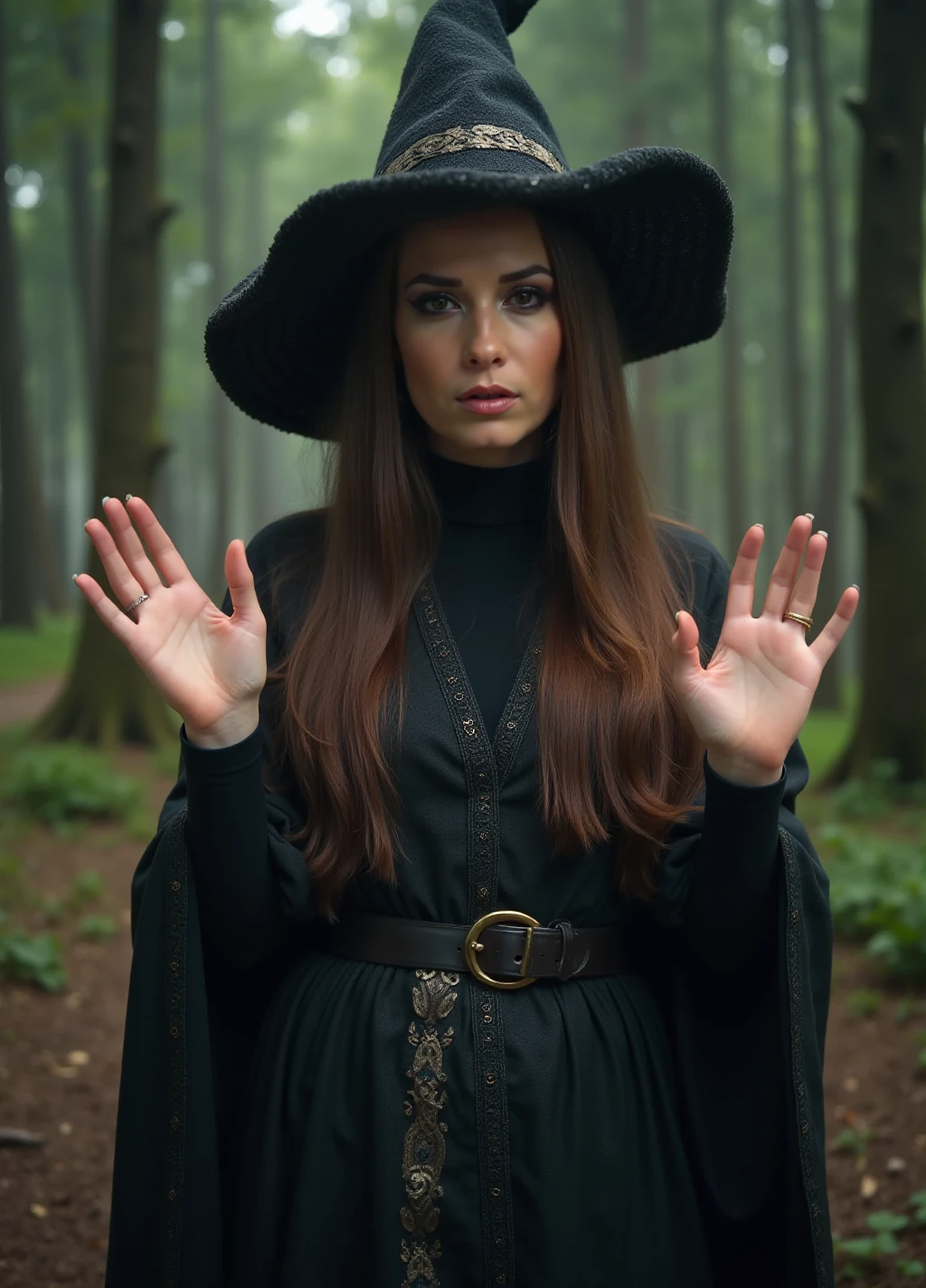 Piper is a woman dressed as a witch. she wears a turtleneck witch outfit. she is casting spells. fantasy scenery <lora:PiperV2:0.9>