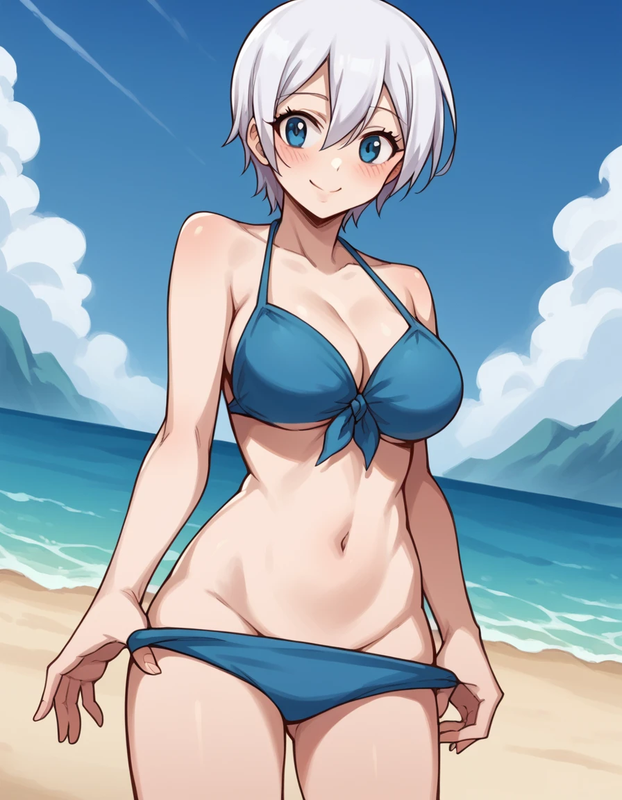 score_9, score_8_up, score_7_up, source_anime, <lora:lisanna-strauss-anime-ponyxl-lora-nochekaiser:1>, lisanna strauss, short hair, blue eyes, hair between eyes, white hair, large breasts,, <lora:bikini-pull-ponyxl-lora-nochekaiser:1>, bikini pull, clothes pull, pulling own clothes, bikini, bikini top lift, bikini top pull, bikini bottom aside, navel,, outdoors, beach, blush, smile,, , cowboy shot, dutch angle