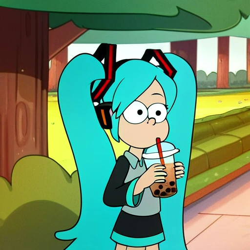 score_9, gravity-falls, 1girl, solo, blue hair, holding, bubble tea, park, hatsune miku,