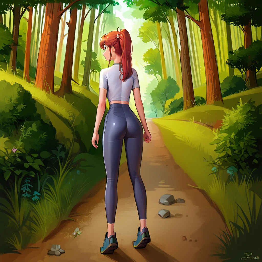 hi_res, score_9, score_8_up, (3qbv), 1girl, solo, source_anime, sexy girl, (full body, slim, tight shirt, tight pants), clothed, forest, hiking trail <lora:Standard_Poses:1>