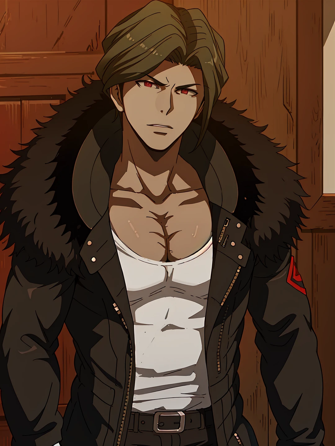 sakakura, 1boy, black hair, tanned skin, red eyes, collarbone, male focus, jacket, <lora:Juzo_Sakakura_r1:0.65>
