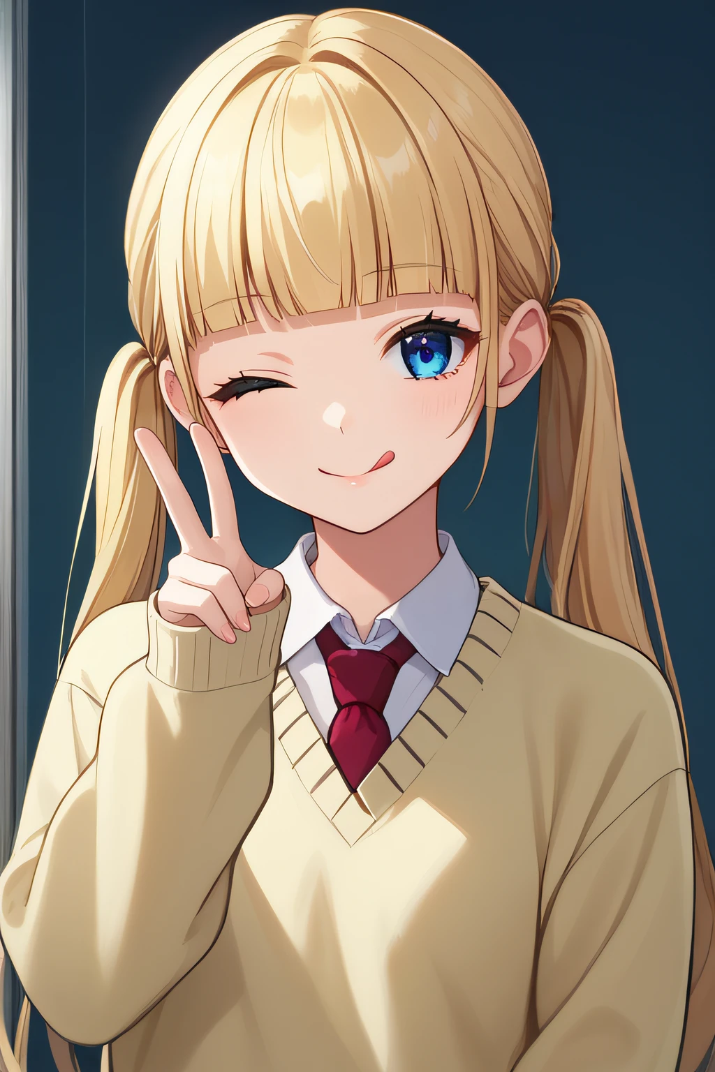 score_9, score_8_up, score_7_up, source_anime, rating_safe, intricate details, anime screencap, official style, 1girl, <lora:Narumi_Senna:1>, senna, blonde hair, blue eyes, twintails, blunt bangs, long hair, school uniform, yellow sweater, sleeves past wrists, red necktie, looking at viewer, indoor, smile, closed mouth, tongue out, one eye closed, peace sign, hands up, upper body