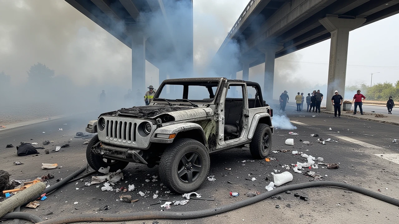 a photo of a (totally destroyed:1.3) Jeep Wrangler ,Underpass or overpass,Mexico,people standing around,smoke,firefighters,police officers,  <lora:Car crash:1.3>