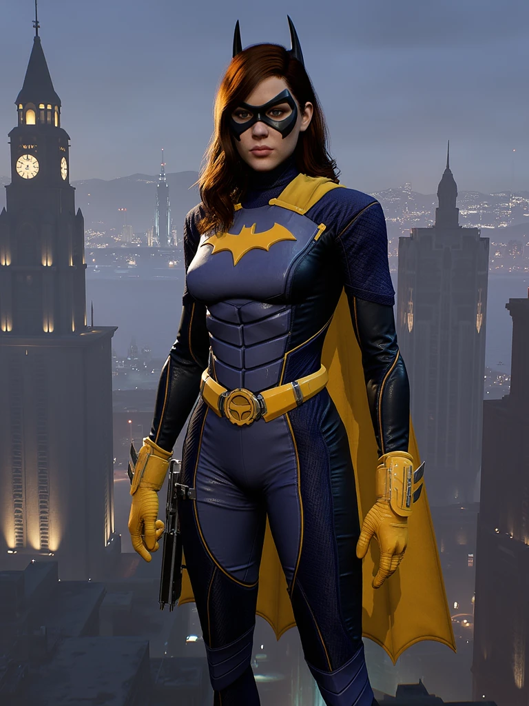 Batgirl, full body, hero pose,  Gotham city background, <lora:batgirl_gotham_knights_v2:1>