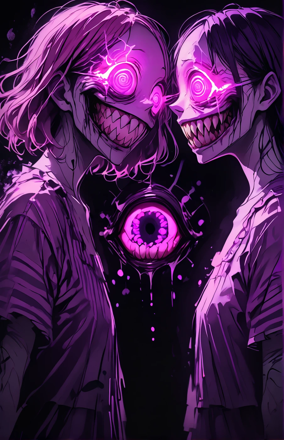 2girls,  vibrant colors, silhouette, yandere, insane, horror, dark art, wide smile, sharp teeth, (glowing teeth:1.3), pink eyes, purple theme, <lora:Vibrant_yandere:1>, swirl eyes, black background, creepy