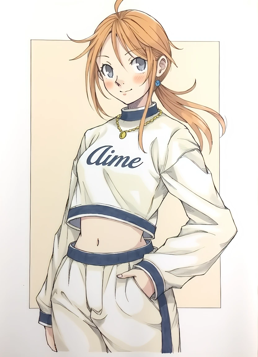 a cartoon picture of a woman in a bikini top and jeans, nami one piece, nami from one piece, nami, beautiful portrait of nami, from one piece, oppai, blue eyes, smoking, ponytail