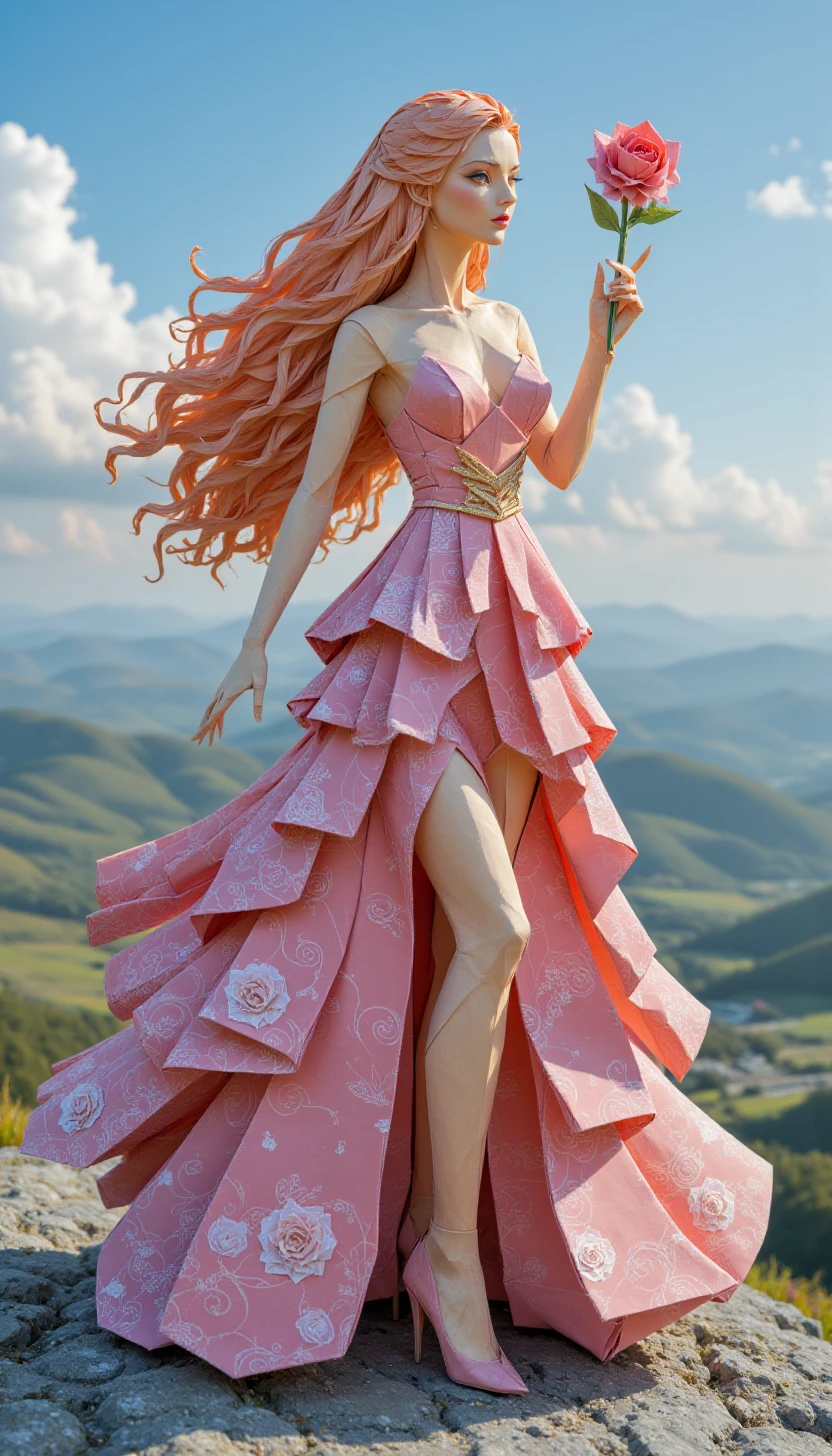 0r1gam1styl3, origami art,a pretty woman wearing a pink dress adorned with golden swirls, and a long flowy hair. She holds a beautifully crafted red rose in one hand. She stands atop a mountain, with a vast and scenic landscape 