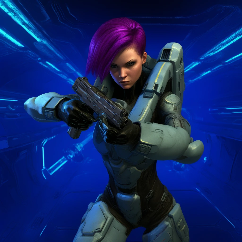 brown hair, cyberpunk, handgun, spaceship interior, simple background, Female face, holding gun, spacecraft, cable, helmet removed, firing, purple hair, clenched hands, aiming, floating in zero gravity, Female focus