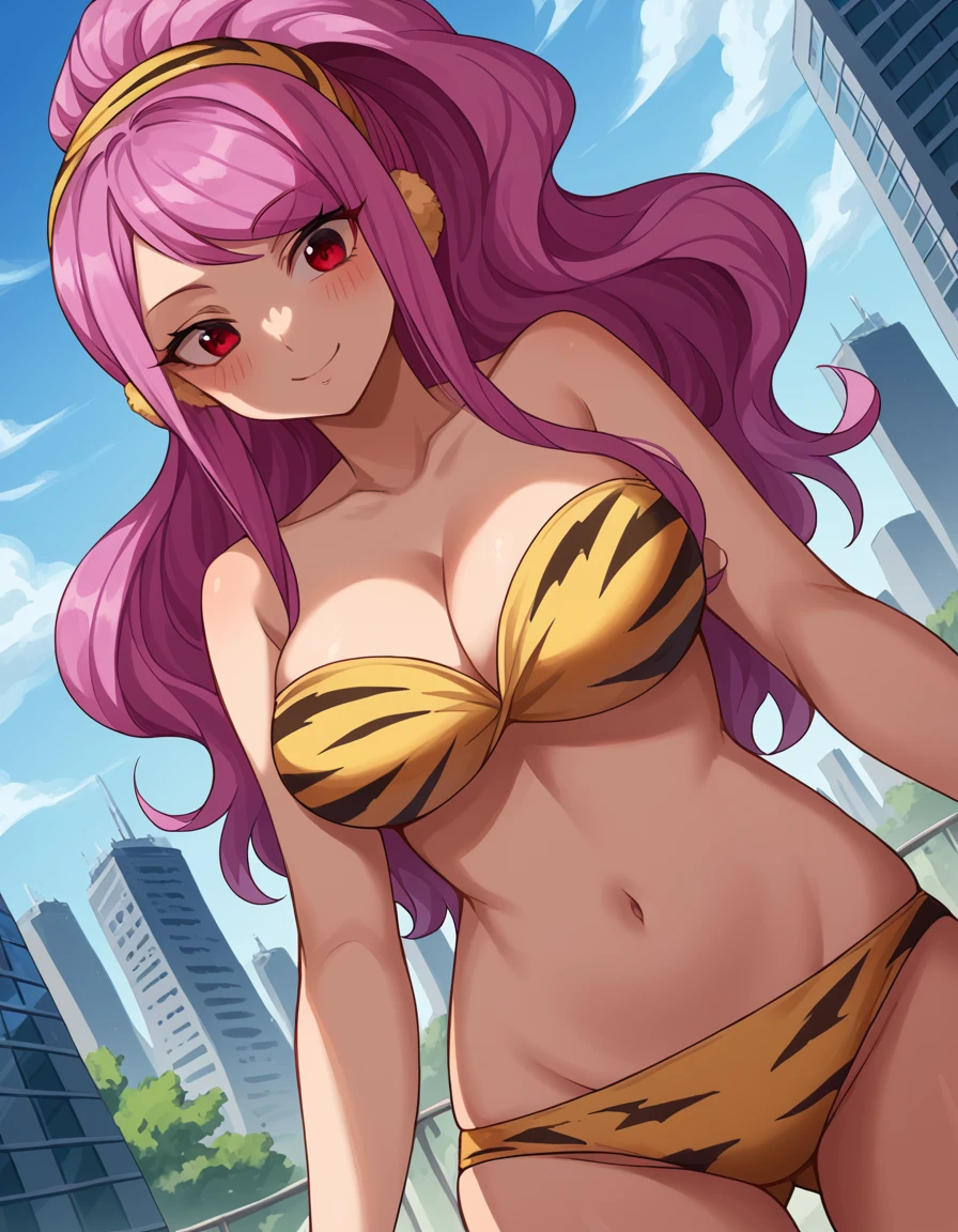 score_9, score_8_up, score_7_up, source_anime, <lora:fairytail-meredy-anime-ponyxl-lora-nochekaiser:1>, meredy, long hair, red eyes, ponytail, pink hair, swept bangs, large breasts,, <lora:lum-cosplay-ponyxl-lora-nochekaiser:1>, lumcosplay, navel, cleavage, swimsuit, bikini, strapless, animal print, yellow bikini, tiger print, strapless bikini,, outdoors, cityscape, street, smile, blush,, , cowboy shot, dutch angle