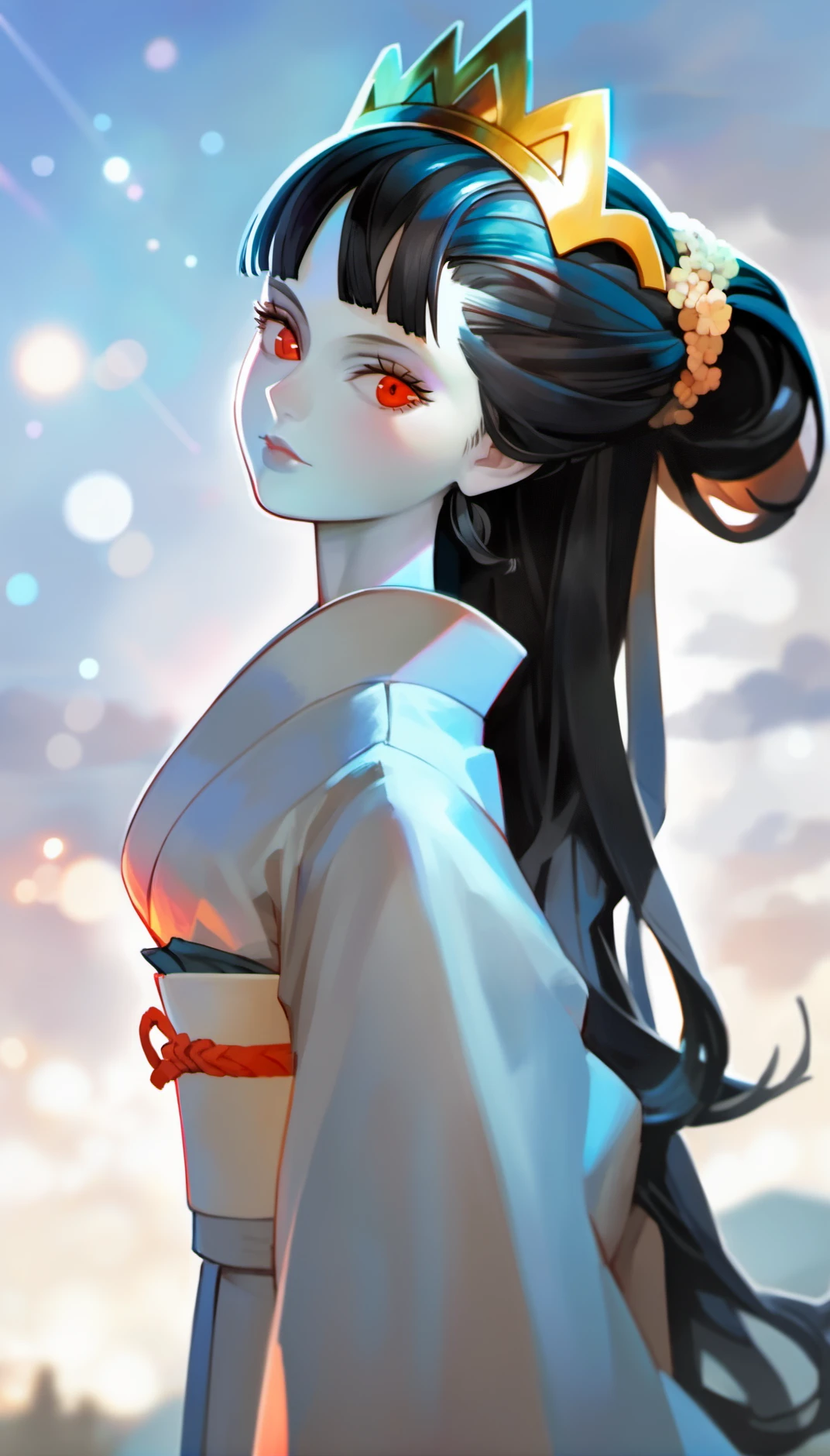 score_9,score_8_up,score_7_up,
<lora:vanillaStyle3:0.9>,
vanillastyle,
1girl,solo,pale skin,black hair,long hair,half updo,blunt bangs,red eyes,looking at viewer,golden headdress,pure white robe, white obi,portrait,face focus,from side,white background, 
blurry background,outdoors,blue sky,particle lights,lens_flare,hills,morning,