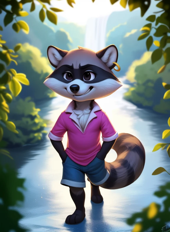 <lora:RenaldoTinTooLooYif:1> RenaldoTinTooLoo, raccoon, male, pink shirt, gray shorts, black eyes, white sclera, gold earring, chibi,
[  solo, (nature), forest, day, clouds, waterfall,  grin,] (walking, view from above,)
(beautiful, aesthetic, perfect, delicate, intricate, saturated colors), masterpiece, digital drawing, best quality,
by ulitochka, by taran fiddler, by Silverfox5213, by personalami,