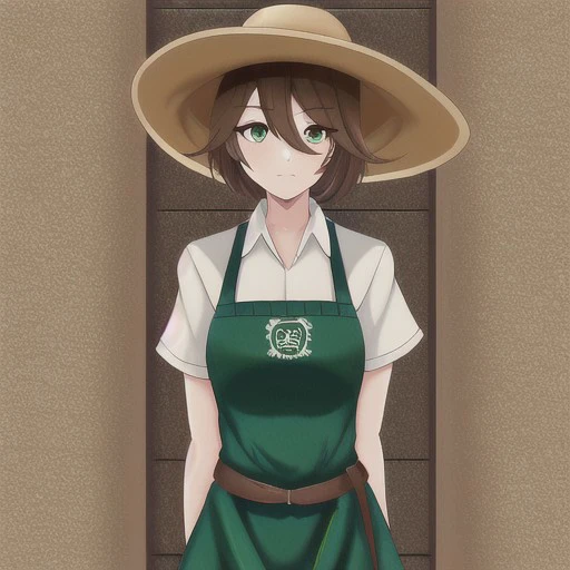 (masterpieces, best quality, 8K, 4K, highres:1.2),1girl,(cowboy shot:1.2),bangs,breasts,hair between eyes,looking at viewer,Brown hair,short hair, Green eyes, Straw hat, White collared shirt, Green apron,identity v,emma wood,