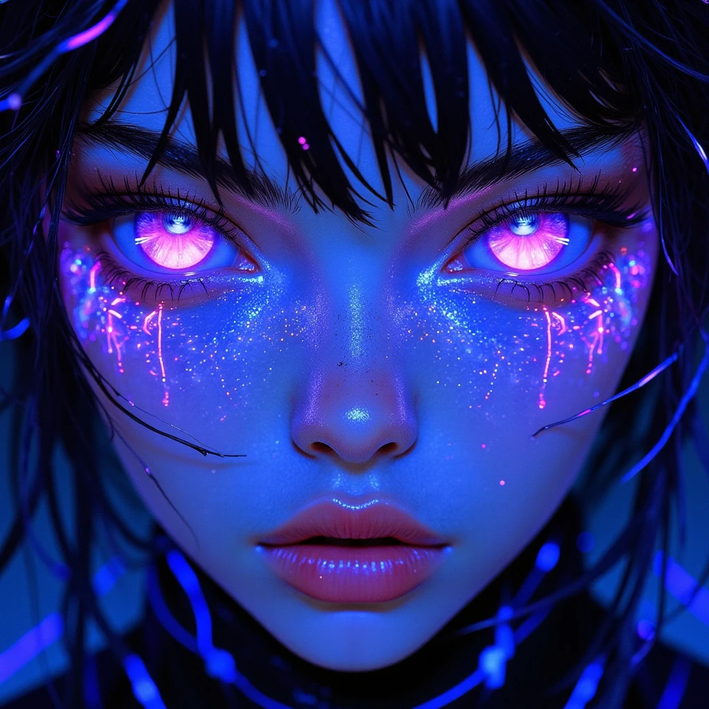 anime_martz, anime_source, stunning close-up of a breathtaking female face, with intricate cybernetic features seamlessly blending with organic skin, glowing neon blue and purple circuitry pulsing beneath her flawless complexion. Her eyes are piercing, a mesmerizing mix of neon violet and electric blue, radiating ethereal energy. Wisps of luminescent hair float around her, each strand infused with flowing light. The background is a swirl of dark and vibrant hues, like a galactic nebula exploding behind her, while dark and glossy paint splashes accentuate her striking expression. The composition exudes power and beauty, creating the most awe-inspiring, futuristic goddess-like image ever seen. etheral_makeup, make-up, makeup.