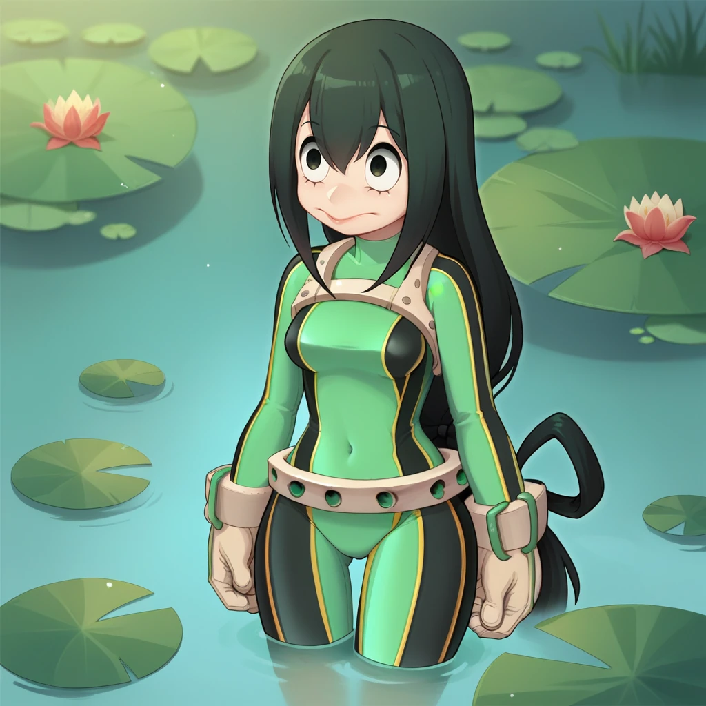 score_9, score_8_up, score_7_up, score_6_up, score_5_up, score_4_up, zPDXL2,source_anime,rating_questionable, 1girl, cowboy shot, standing, asui tsuyu, green wetsuit, <lora:Pond:0.7> p0nd, water, outdoors, lily pad, pond,