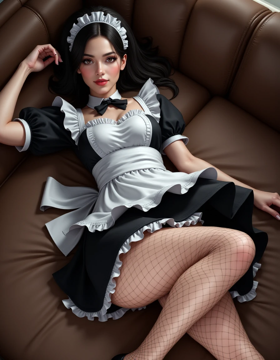 a woman wearing Jed-frmd , French Maid , A short, frilly black dress with white apron,  fishnet stockings, black heels, interior, laying,  <lora:flux-frenchmaid:1>