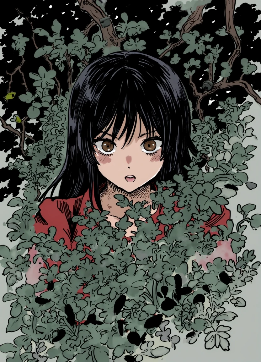 a anime-style illustration featuring a young woman with long, dark hair partially covered by foliage, giving her a secretive, almost mysterious appearance. She has large, expressive brown eyes that are wide open, gazing directly at the viewer. Her skin tone is fair, and she has a slightly flushed complexion, possibly due to the surrounding environment. She is wearing a red jacket, which is partially visible through the dense foliage, adding a vibrant contrast to the darker greens and browns of the surrounding plants.

The background is a lush, dense forest with various shades of green leaves and branches creating a natural, almost claustrophobic environment. The light filtering through the foliage casts a dappled pattern of light and shadow, adding depth and texture to the image. The overall color palette is dominated by greens and browns, with occasional splashes of red from the woman's jacket and her flushed cheeks. The detailed brushwork and shading techniques give the painting a three-dimensional feel, enhancing the sense of depth and realism. The woman's facial expression is intense and slightly anxious, as if she is trying to escape or hide.