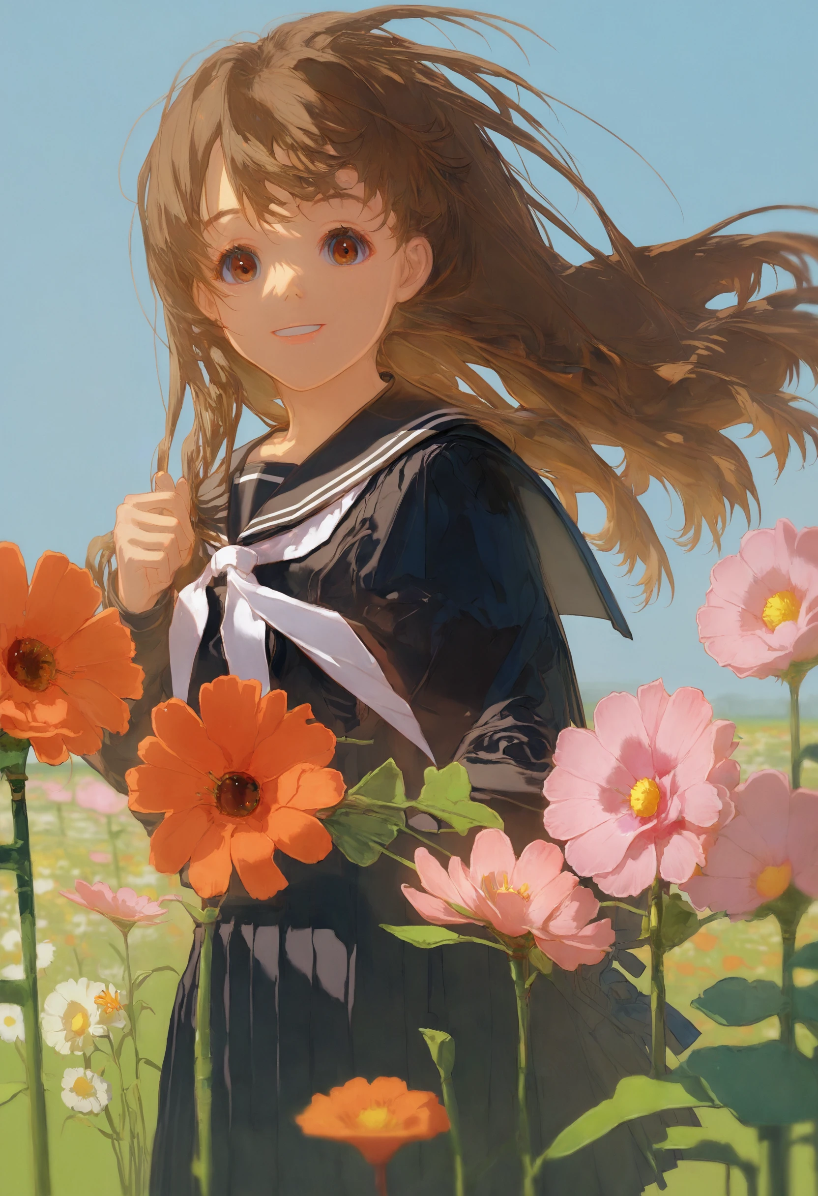 score_9, score_8_up, score_7_up, 1girl, solo, brown hair, school uniform, brown eyes, smile, long hair, serafuku, long sleeves, sailor collar, skirt, shirt, looking at viewer, bangs, black skirt, flower field, outdoors, black serafuku, parted lips, pleated skirt, depth of field, perspective, foreshortening, holding
<lora:style_redum_pony_2:1>